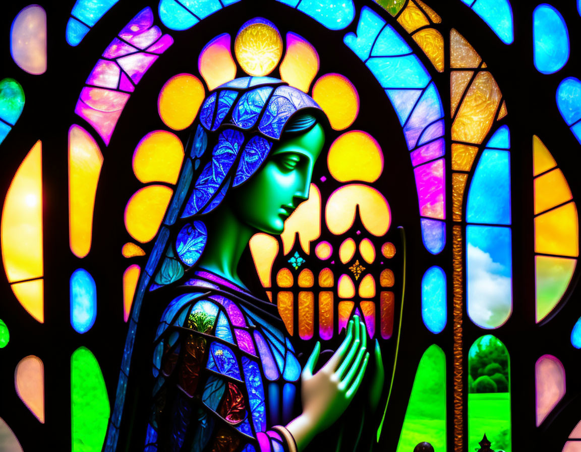 Vibrant stained glass window with serene figure in prayer