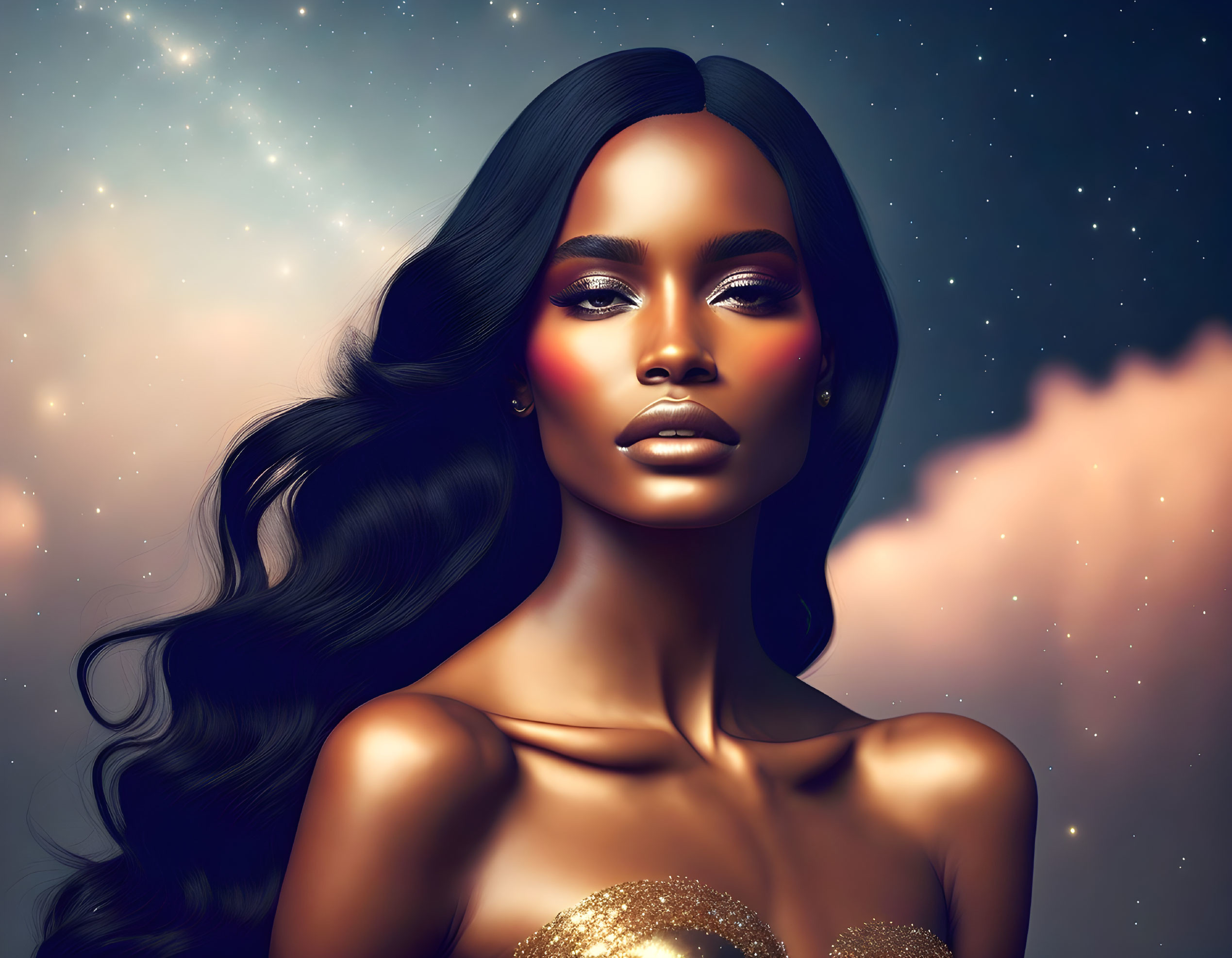 Digital artwork: Woman with glowing skin, long hair, golden dress, under starry sky