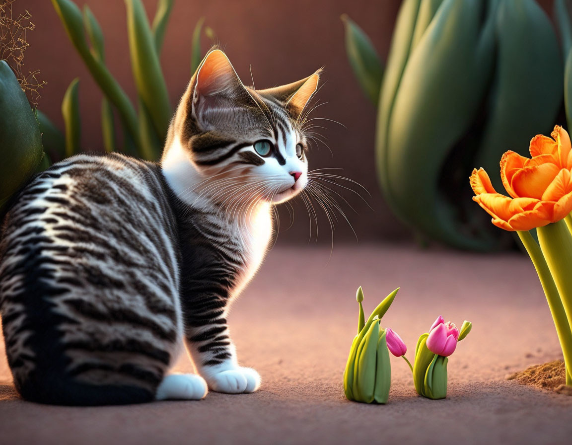 Striped Cat Sitting Next to Vibrant Tulips in Soft Sunlight
