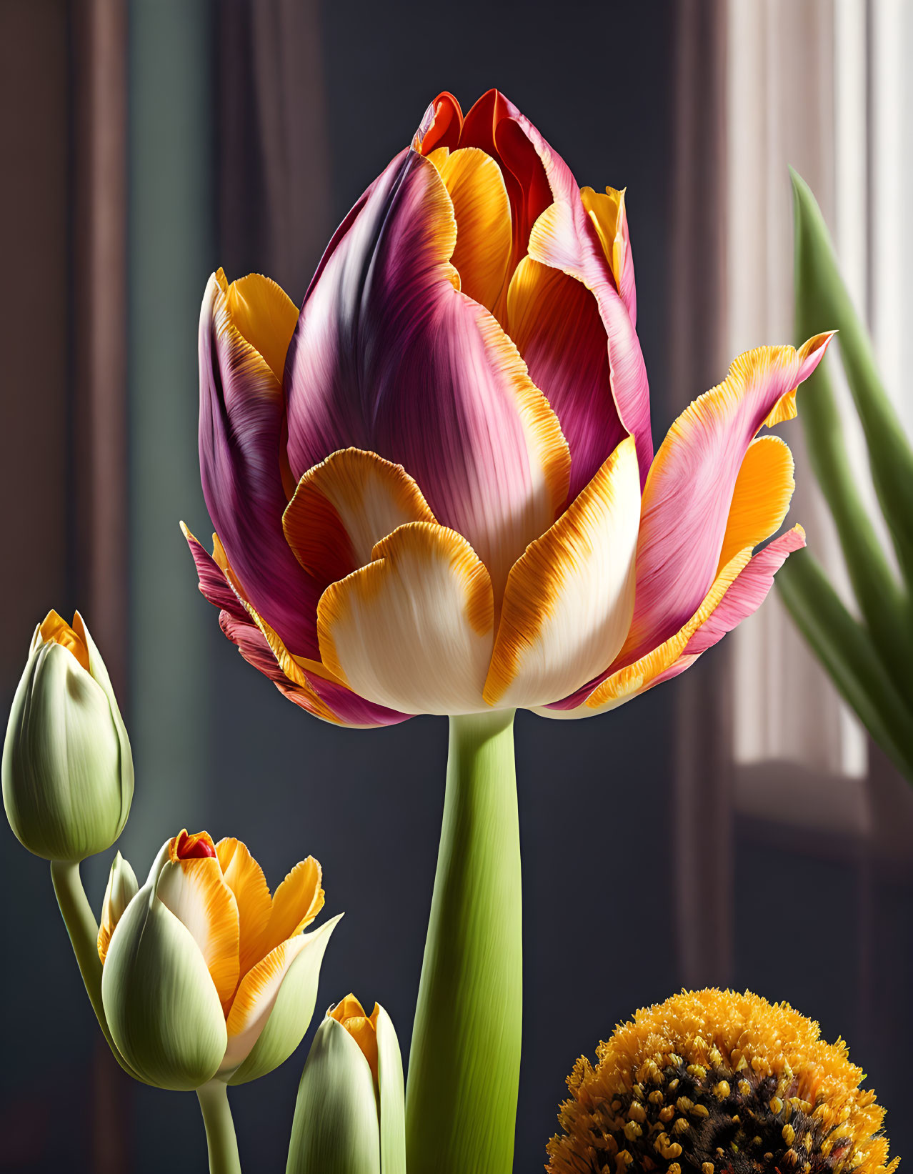 Colorful Tulip in Full Bloom Surrounded by Buds and Flora