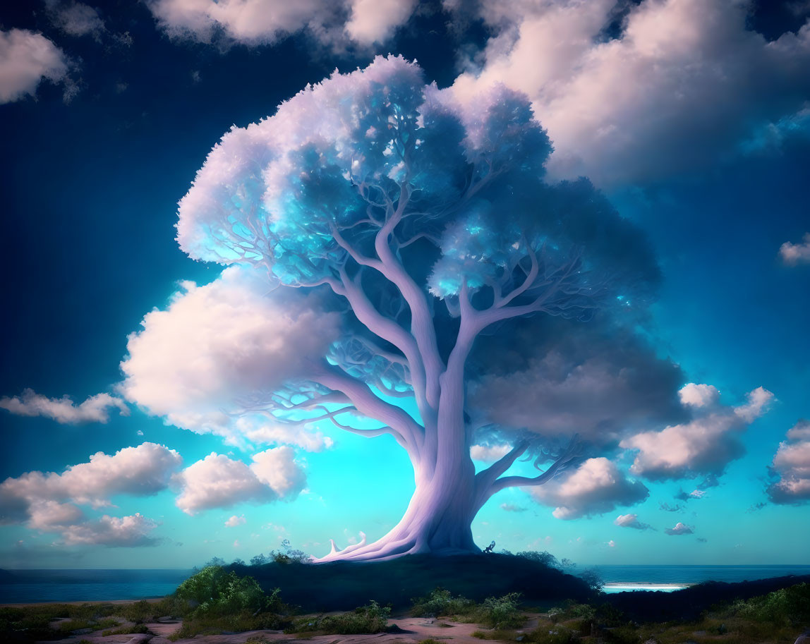 Glowing blue tree on hill overlooking calm sea