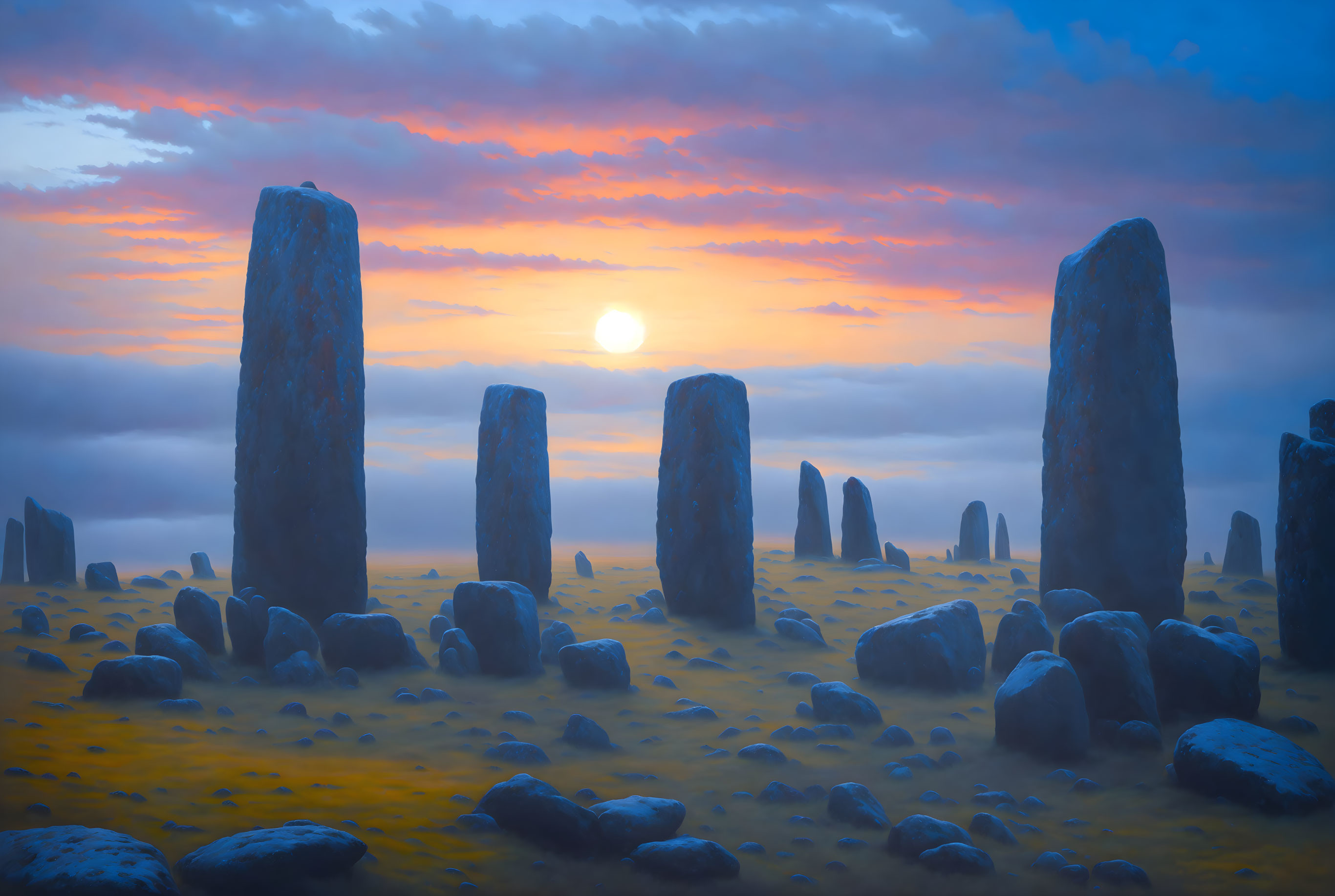 Ancient standing stones at sunrise with mist and colorful sky