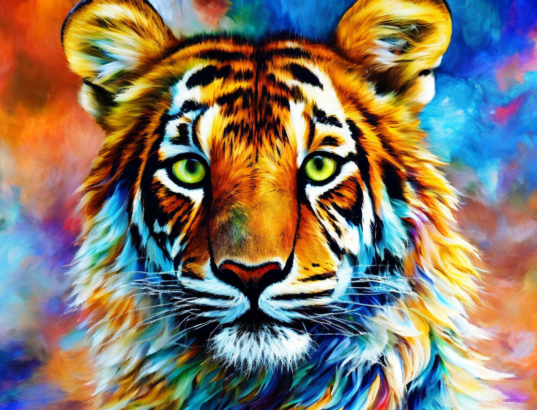 Colorful Tiger Head Digital Art with Green Eyes on Abstract Background