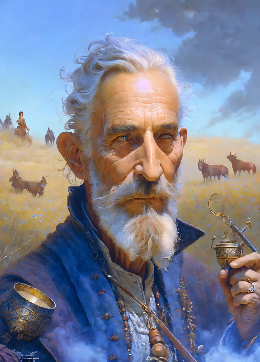 Elder man with white beard holding key in blue robe, horses and people in background under cloudy sky