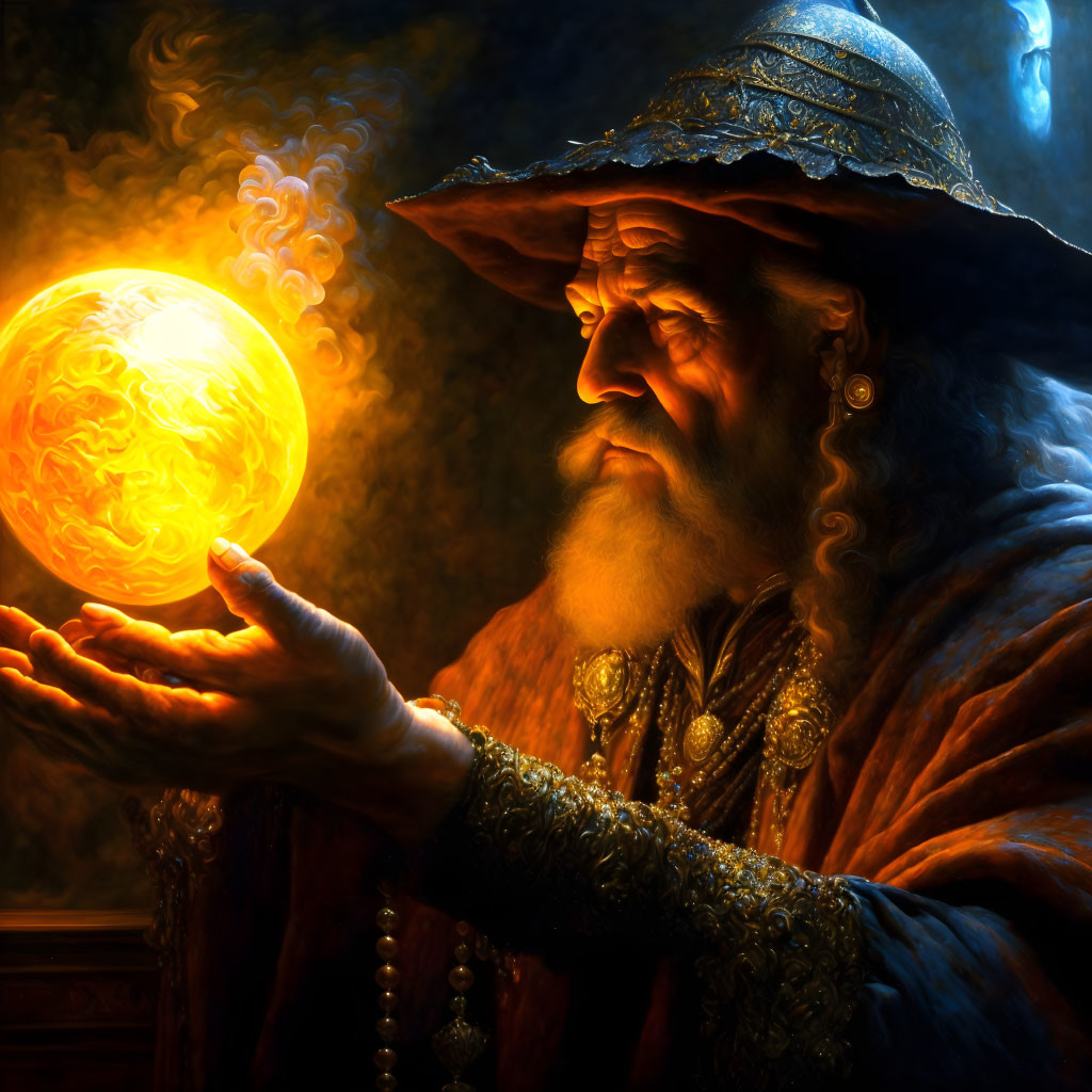 Elderly wizard with long beard and ornate hat gazes at glowing orb