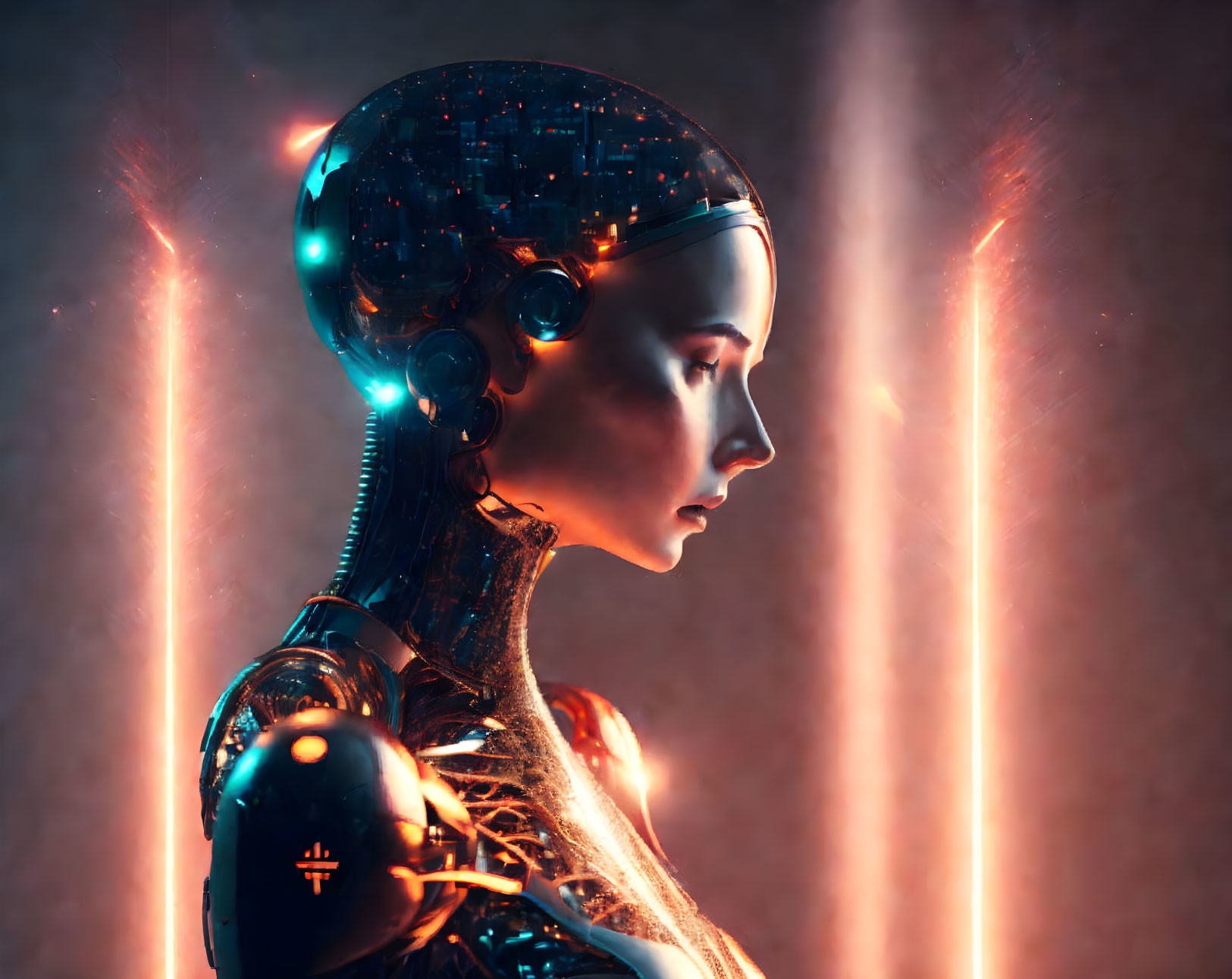 Female humanoid robot with intricate head detail in warm glowing lights