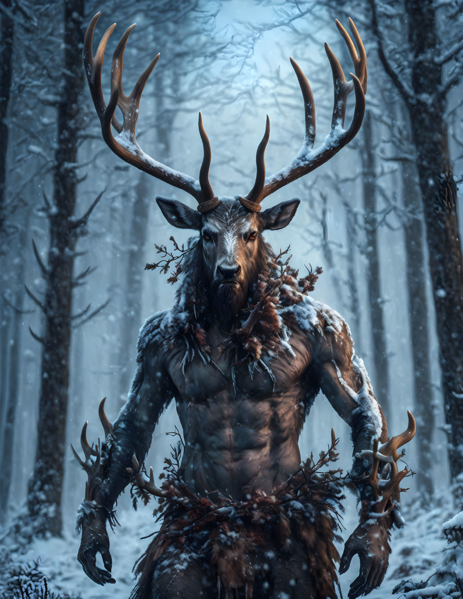 Majestic stag-human creature with antlers in snowy forest