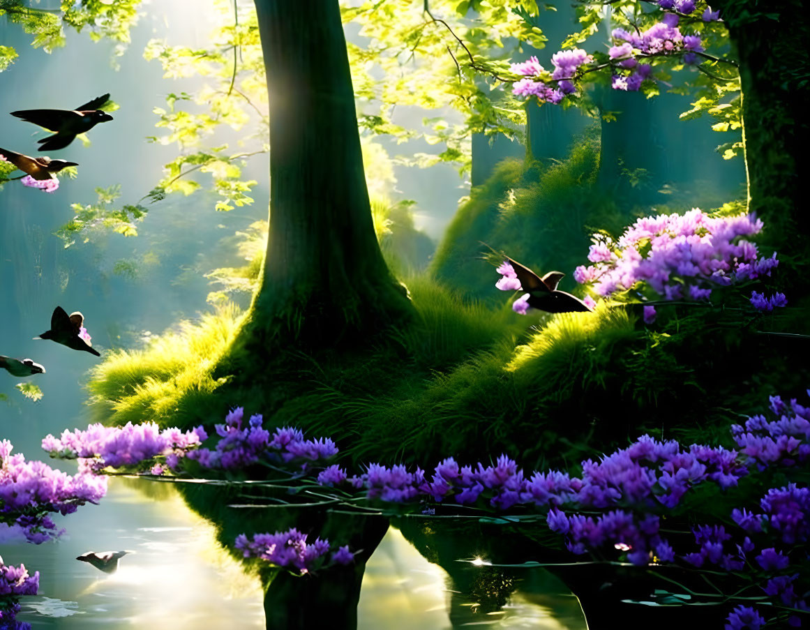 Tranquil forest landscape with purple flowers, lush greenery, reflective pond, and birds in mist