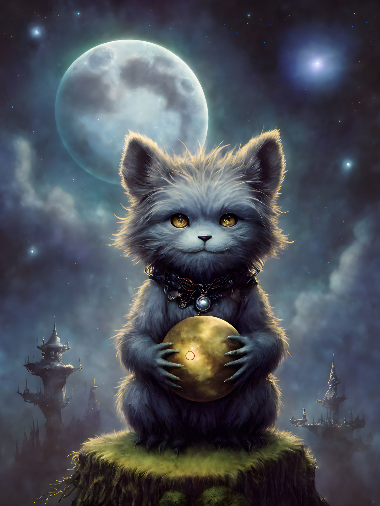 Fluffy anthropomorphic kitten with golden orb under full moon