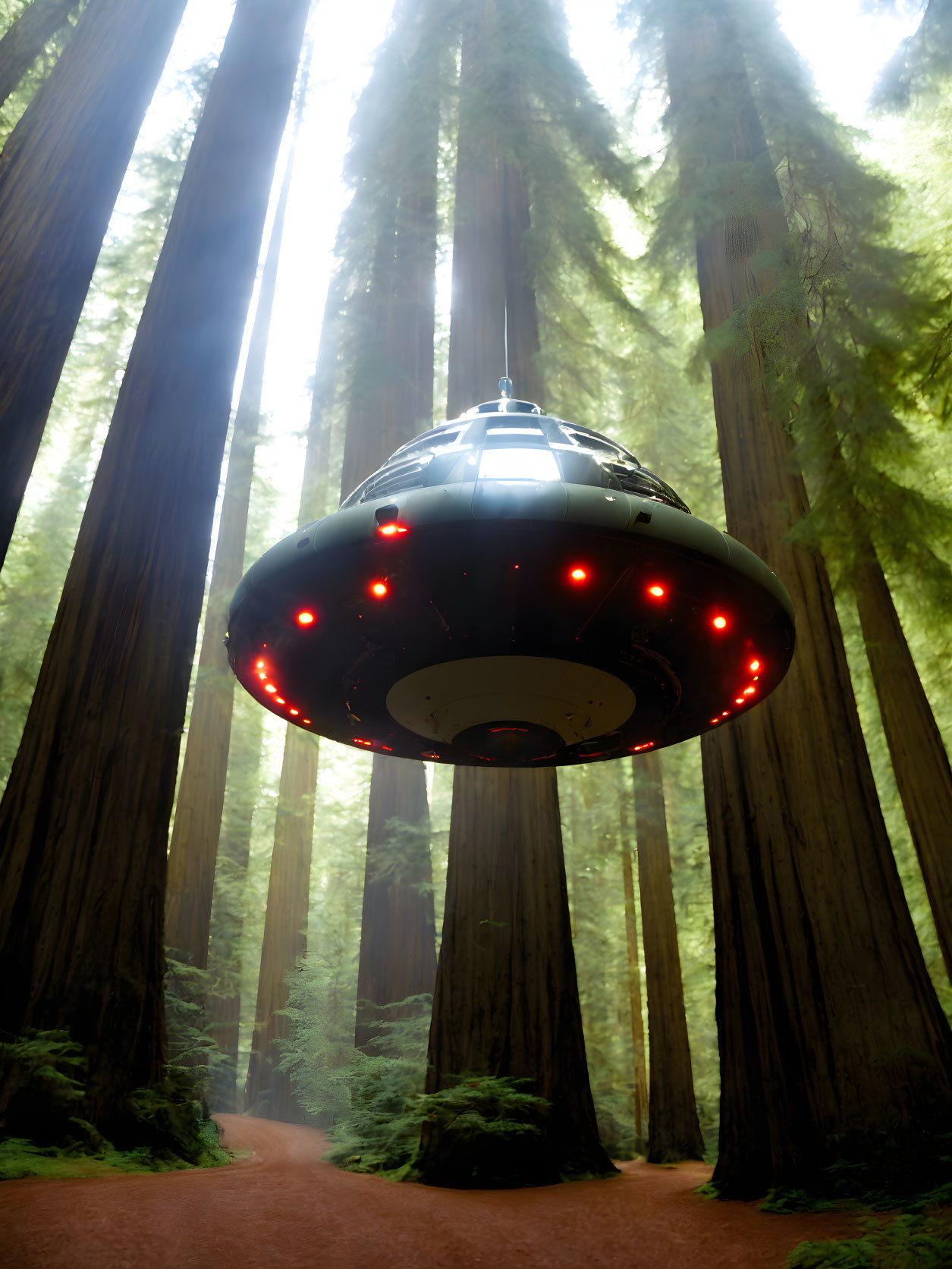 Redwood forest scene with UFO and red lights