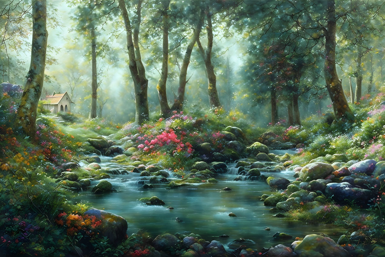 Tranquil forest landscape with brook, flowers, trees, and cottage