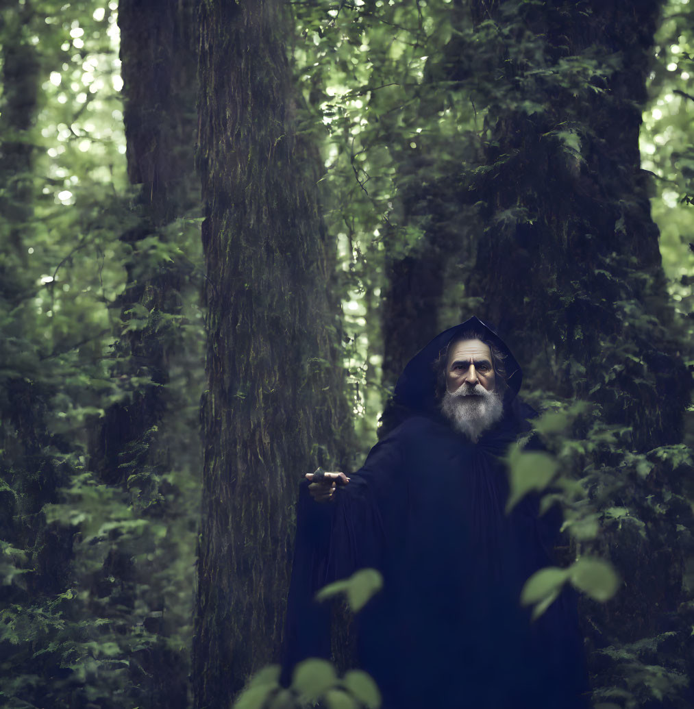 Mysterious figure in dark cloak amidst misty woodland