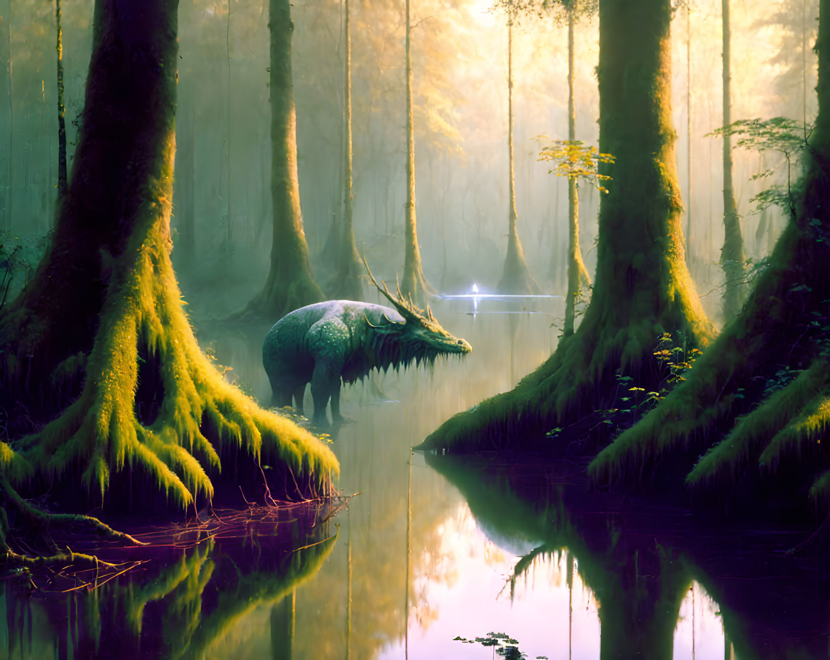 Armored creature in mystical forest with sunlight by calm river