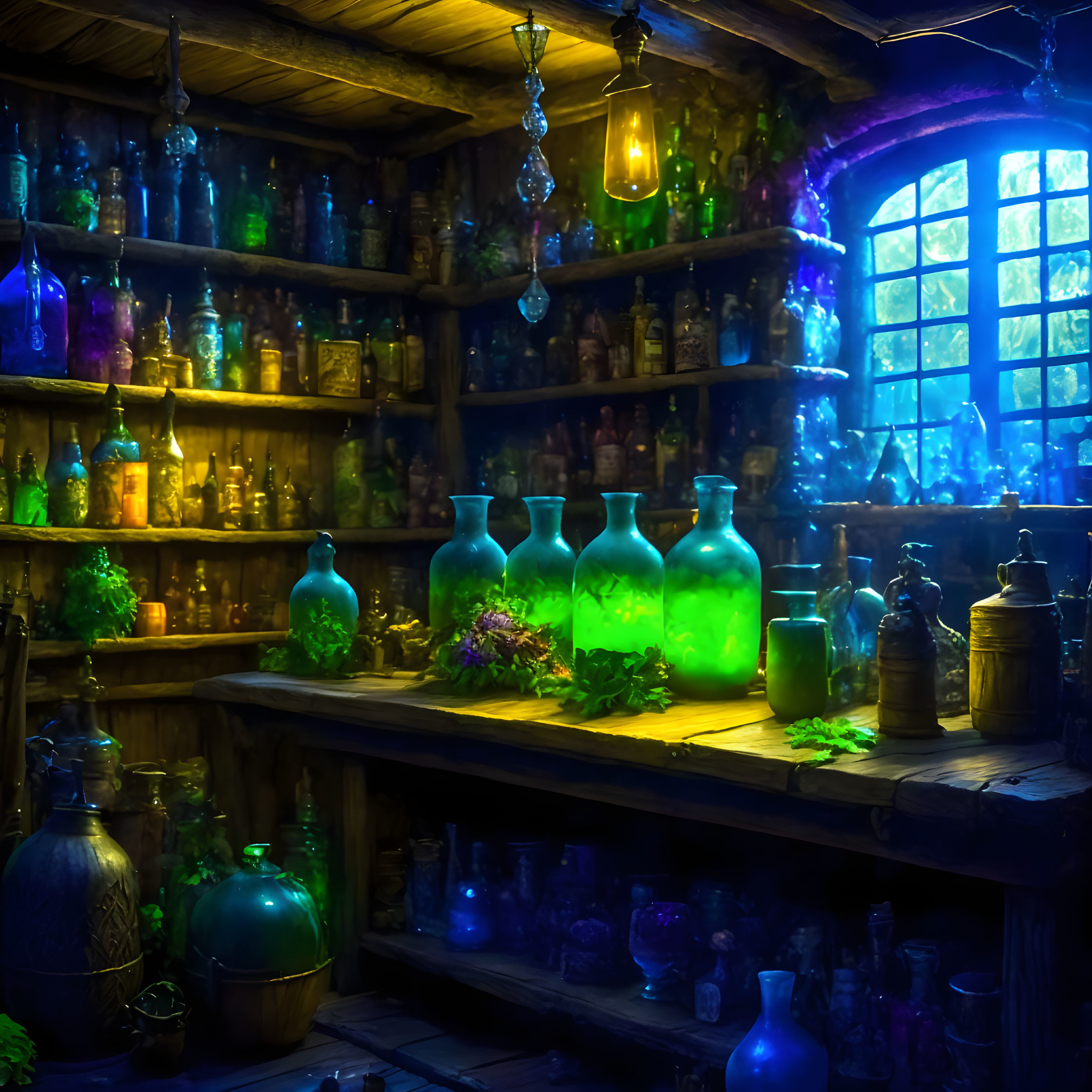 Colorful bottles and glowing jars in enchanting potion shop interior