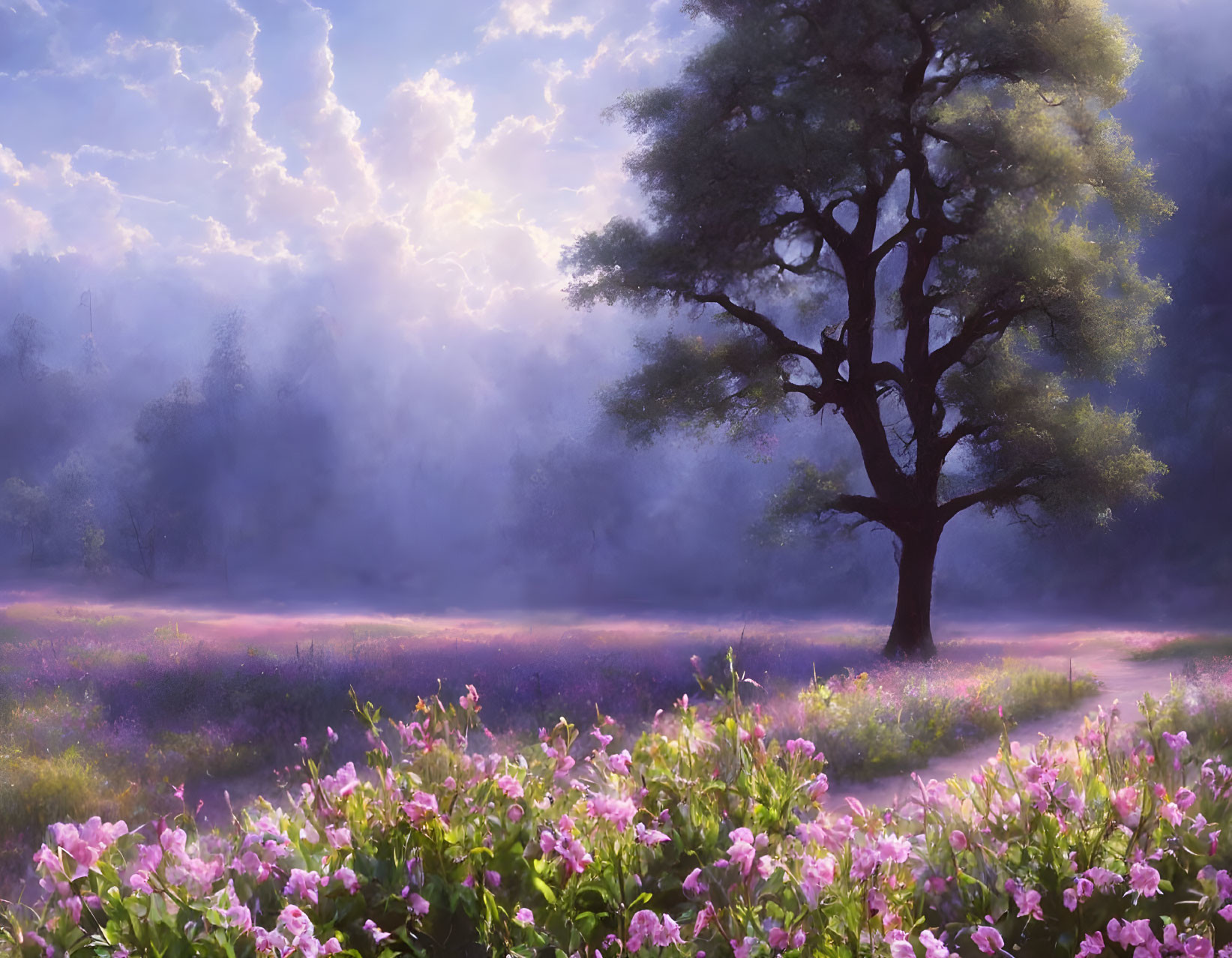 Tranquil landscape with solitary tree, purple wildflowers, meandering path, and dramatic sky