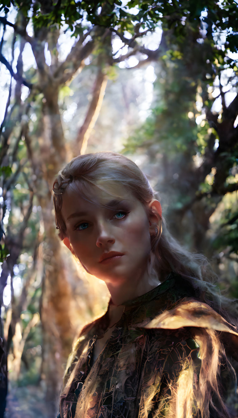 Woman in forest with sunlight highlighting green outfit