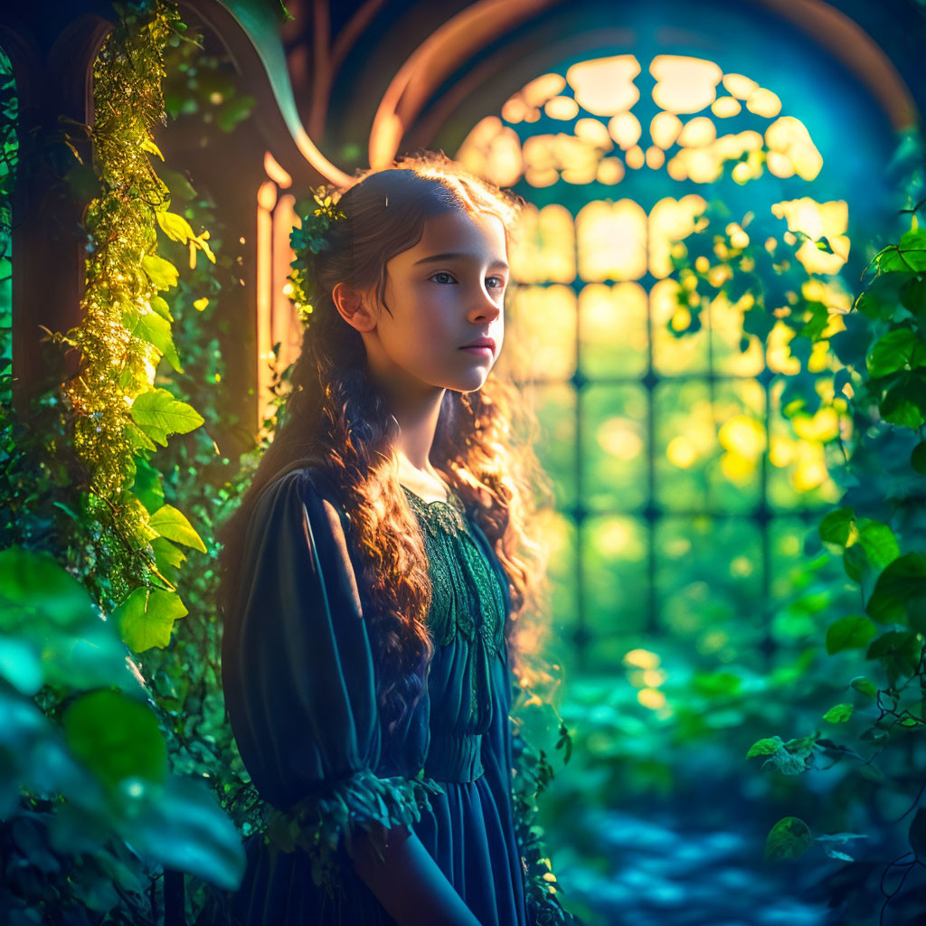 Young girl with leaf wreath in contemplative gaze in sunlit garden