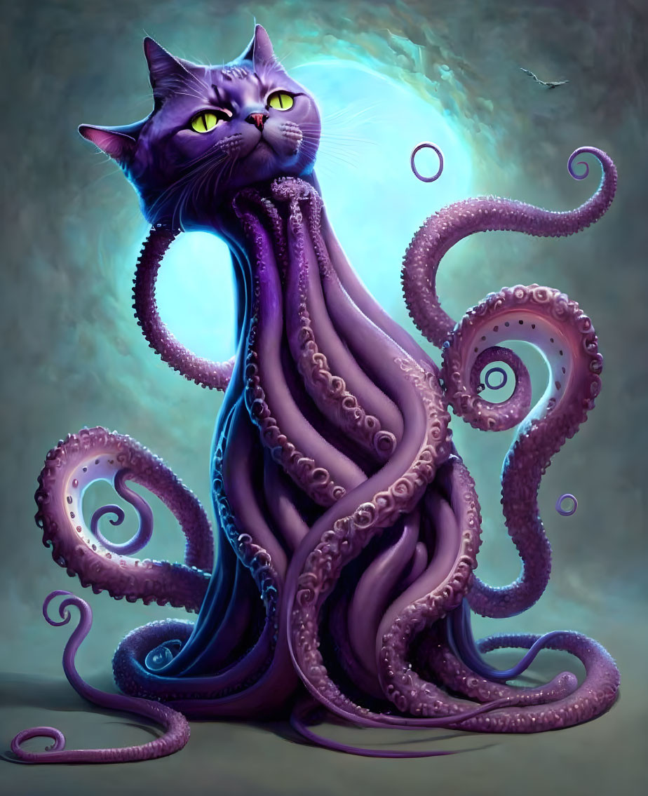 Purple Cat with Octopus Tentacles in Mystical Setting