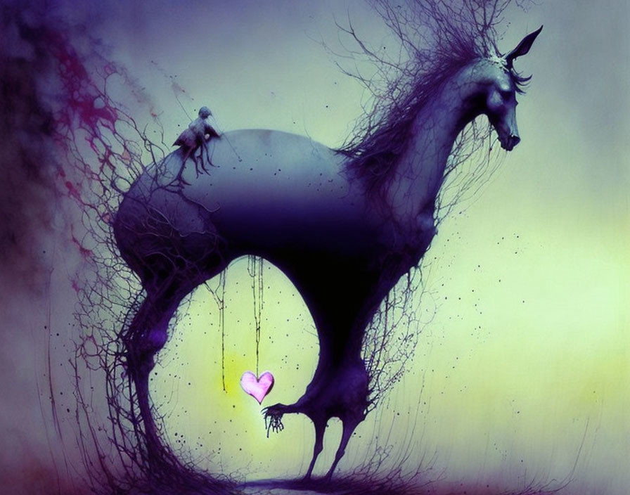 Dark, shadowy horse-like creature with heart-shaped light and tiny figures on top