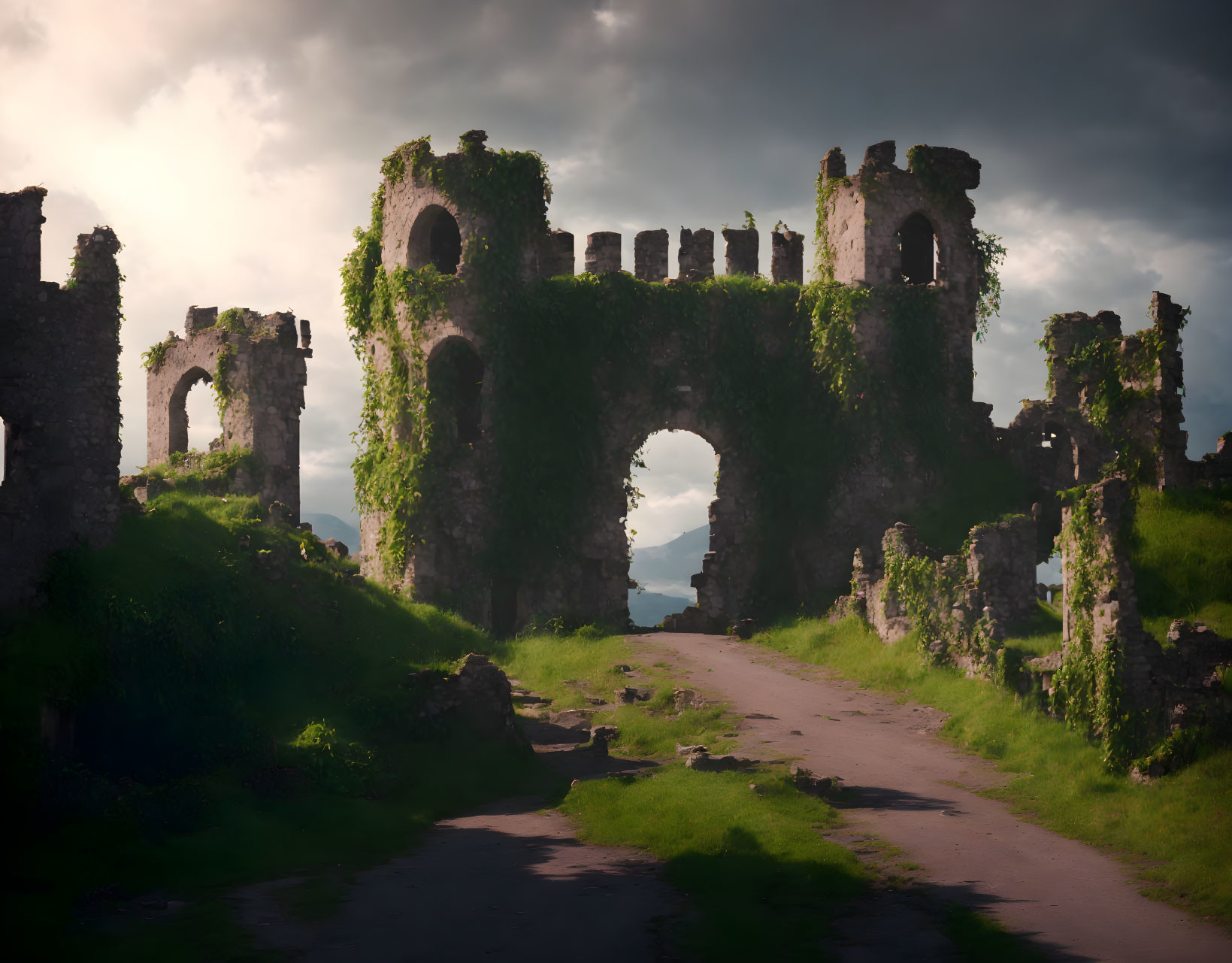 Dramatic ancient fortress ruins with crumbling walls and arched gateways