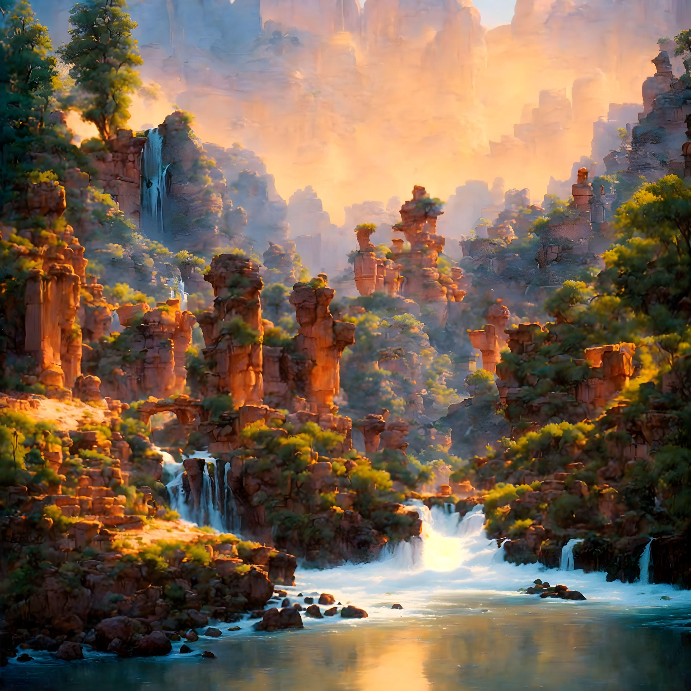 Tranquil landscape: waterfalls, greenery, red rocks in sunlight