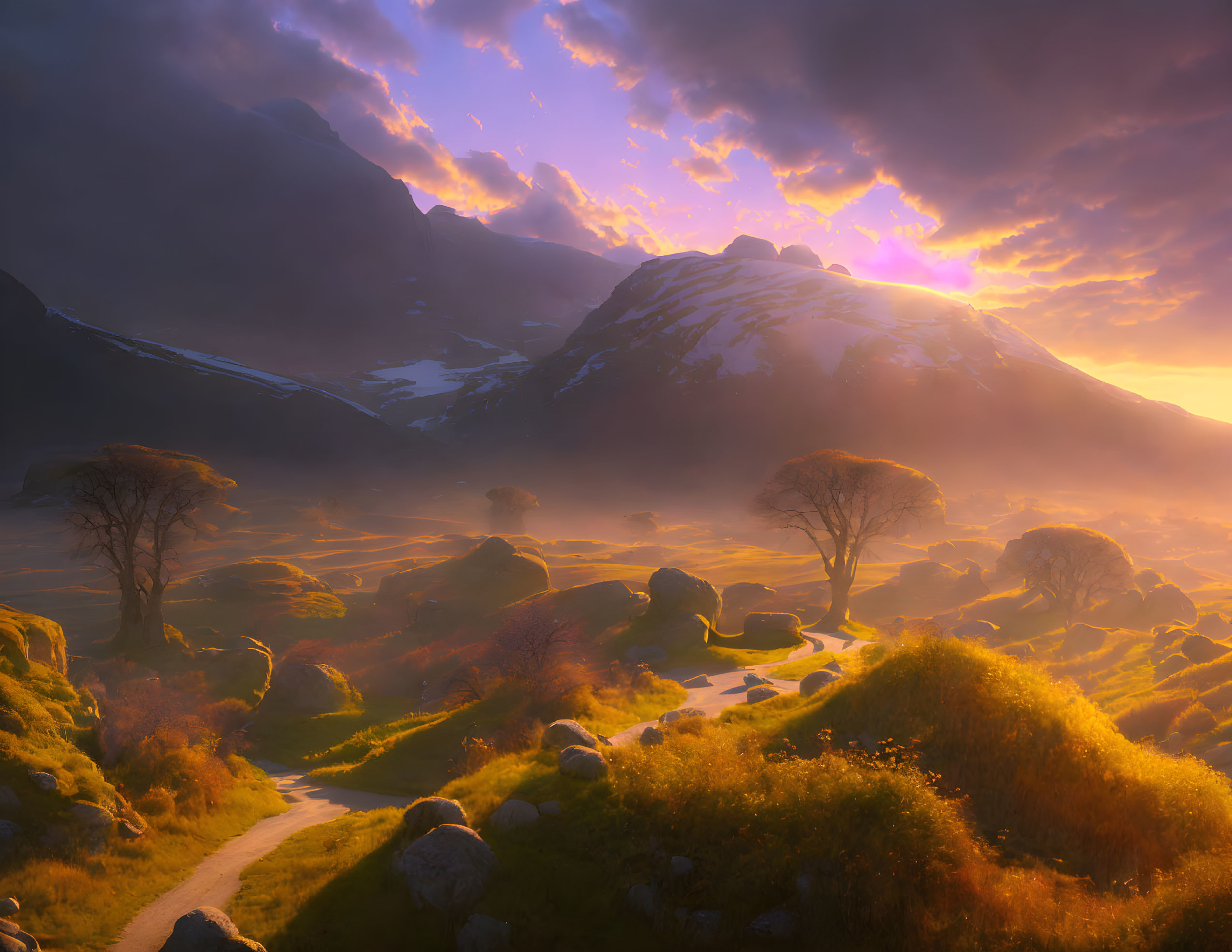 Scenic sunset over mountain landscape with glowing sky and meandering path