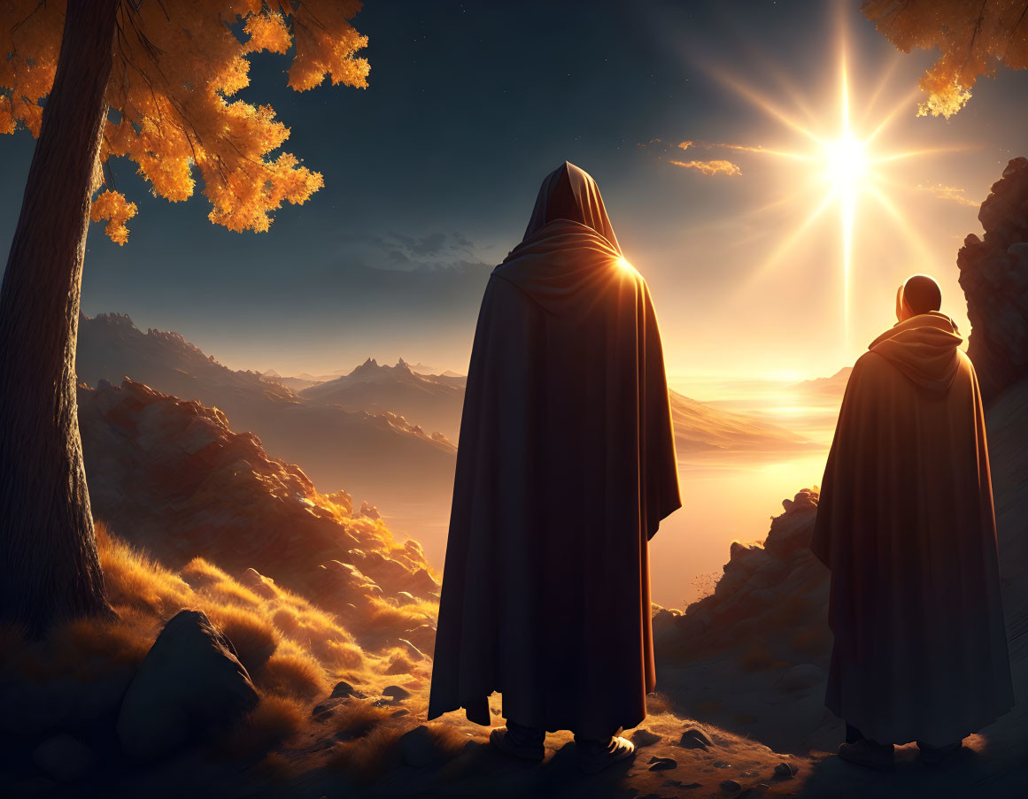 Cloaked Figures Admire Mountain Landscape at Sunset