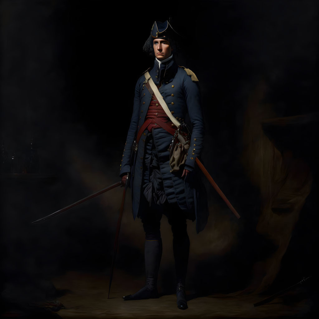 Historical military figure in bicorne hat and blue coat with sword.