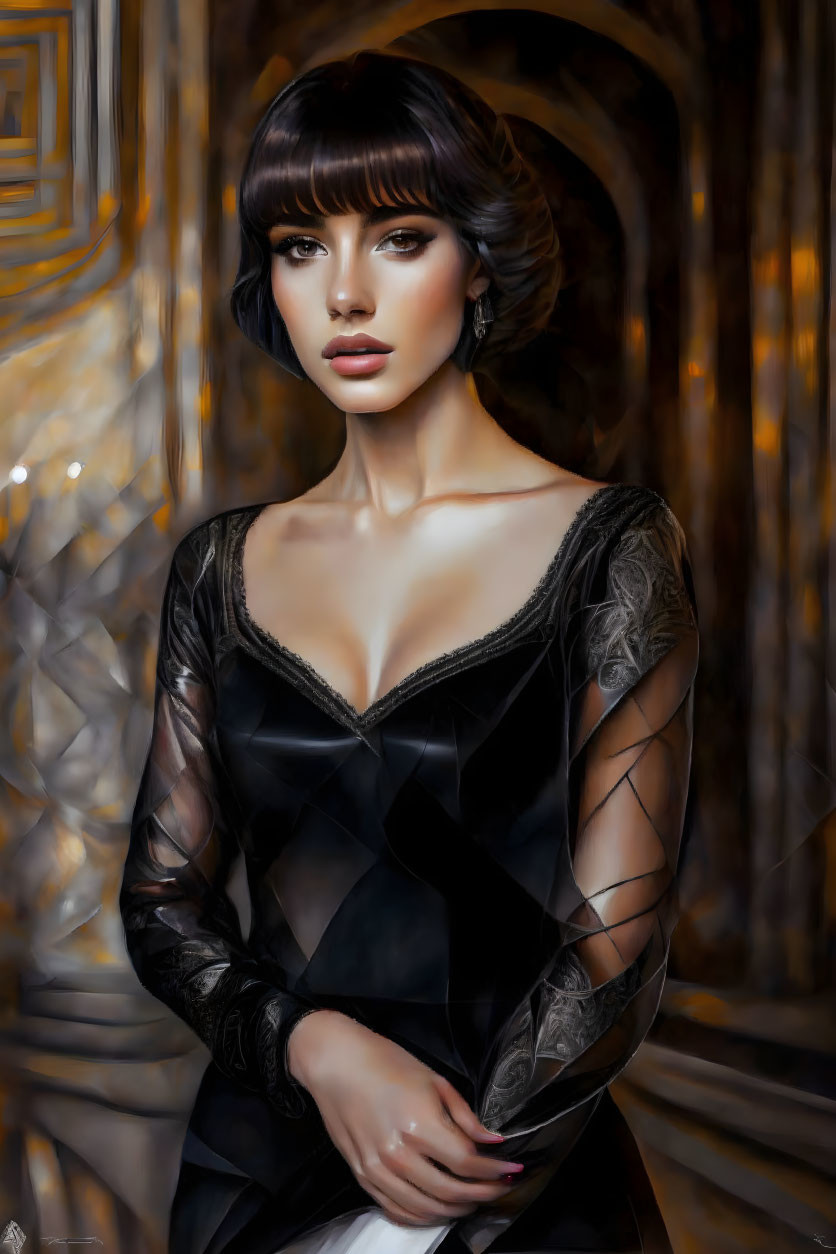 Digital artwork: Woman with bangs in black dress on blurred golden background