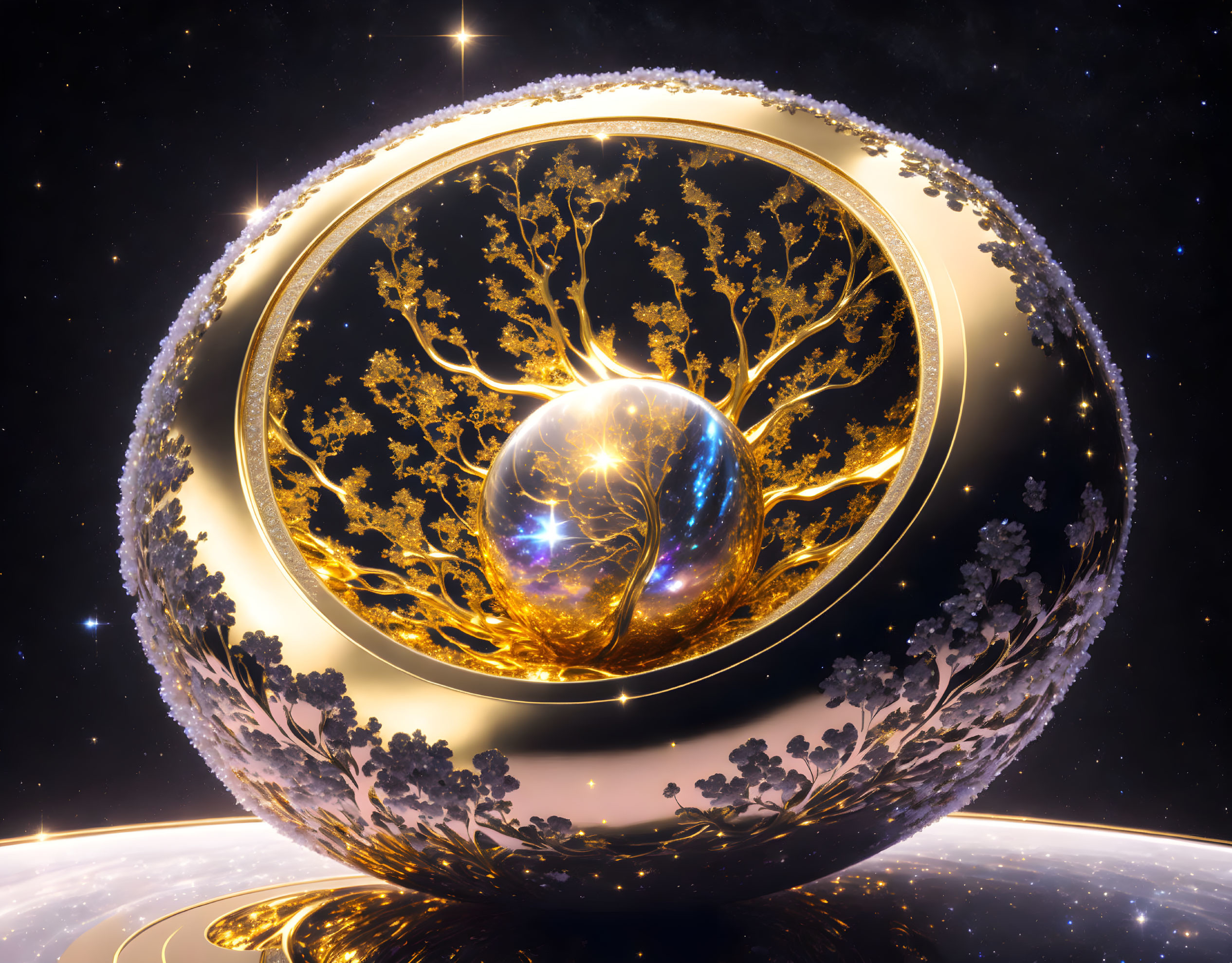 Golden tree-like structure in luminous ring amidst cosmic stars.