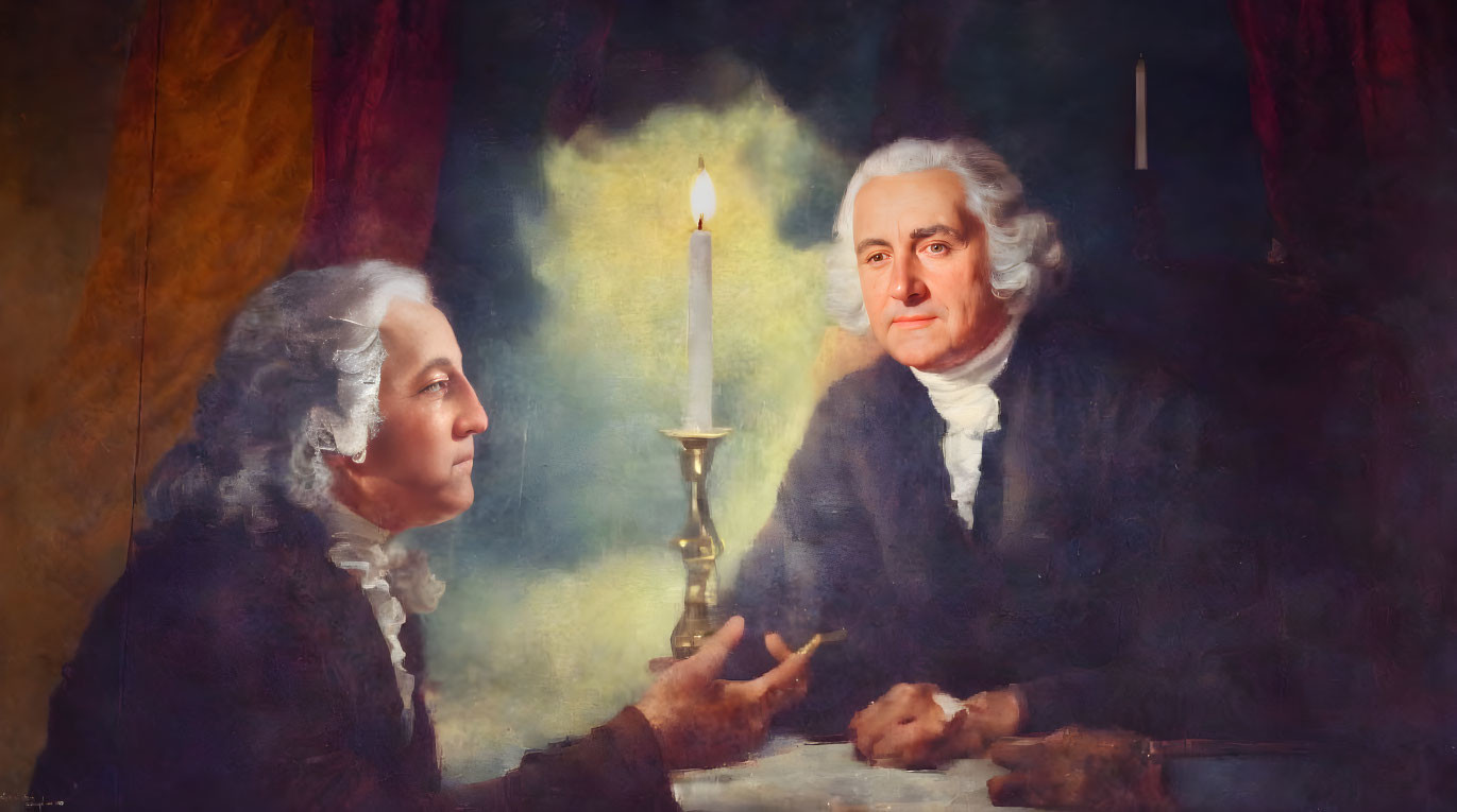 Historical figures in painting with lit candle and contemplative expression.