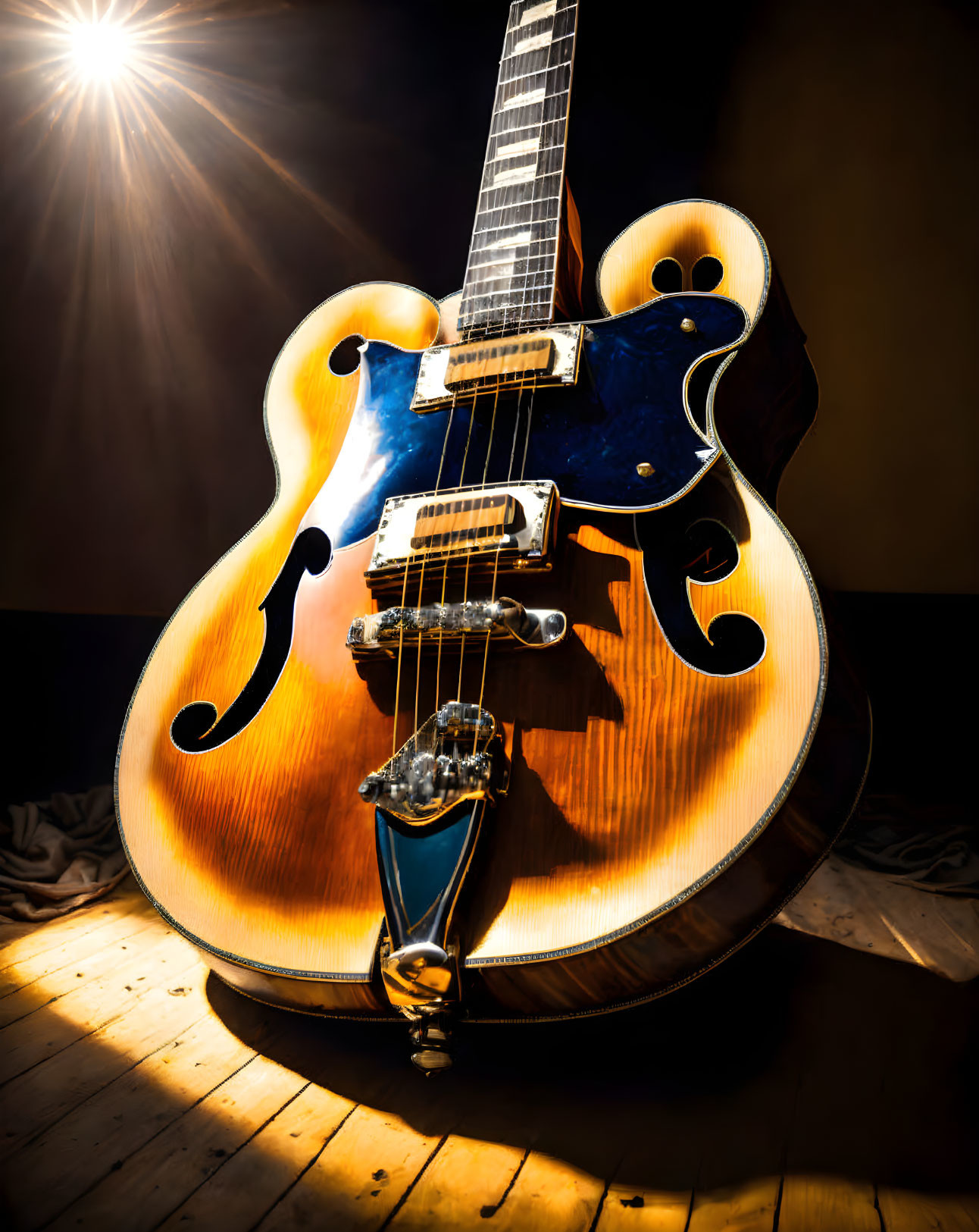 Sunburst Electric Guitar with F-Holes and Bigsby Tremolo Bridge in Dramatic Backlight