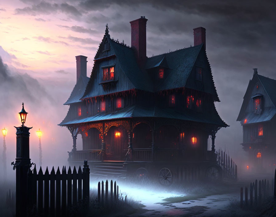 Victorian house at dusk with red glowing windows and misty surroundings.