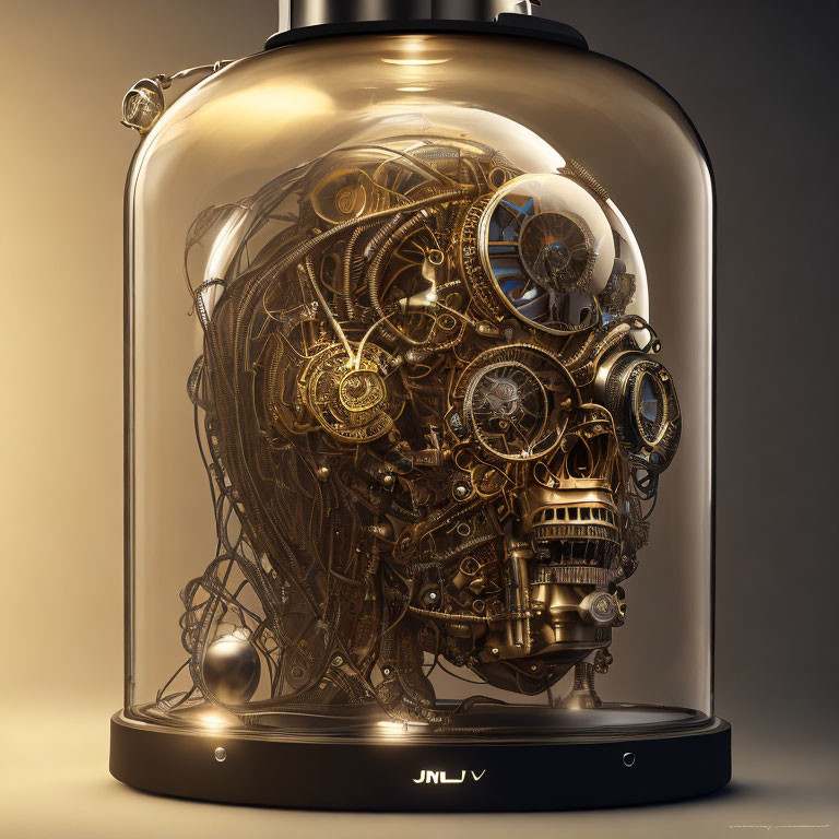 Detailed Steampunk Mechanical Skull in Glass Bell Jar