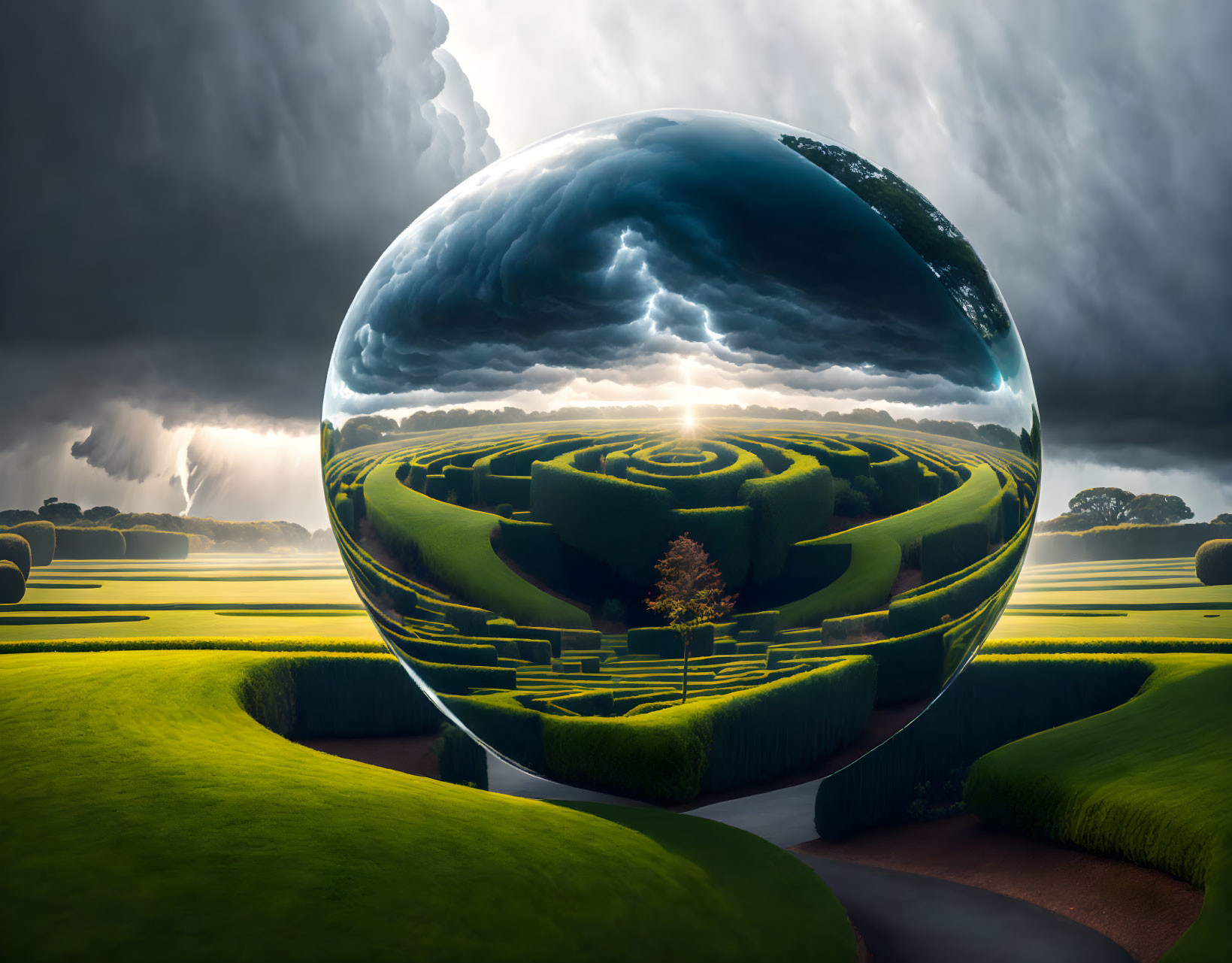 Surreal landscape with giant reflective sphere and inverted labyrinth garden