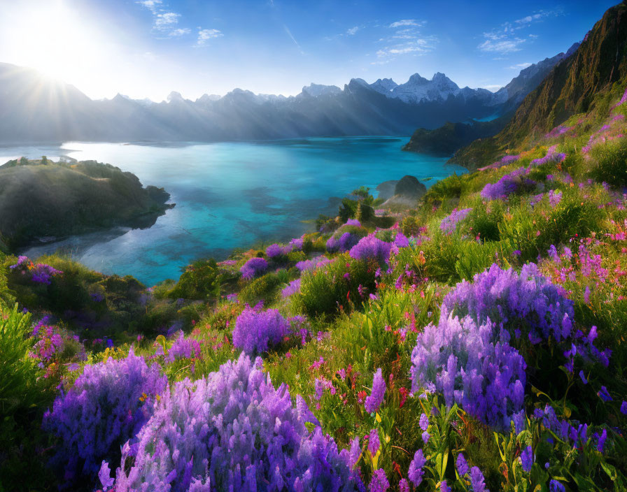 Tranquil landscape with vibrant purple flowers, turquoise lake, and mountains under sunny sky