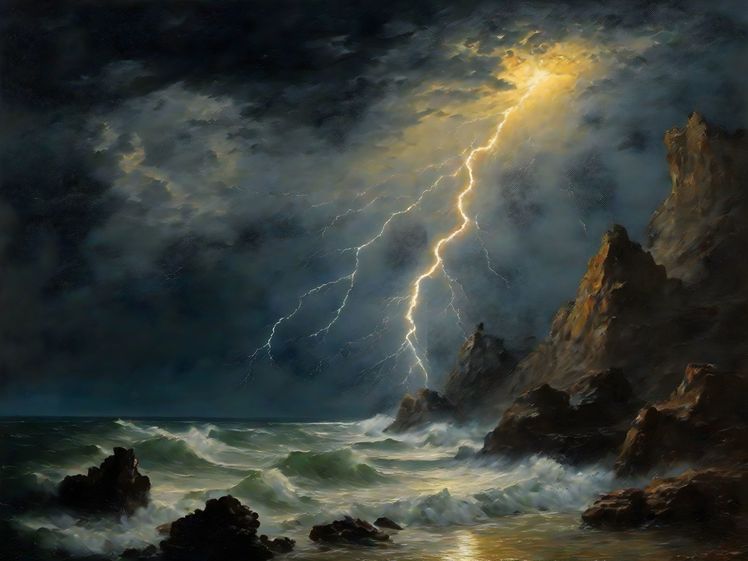 Stormy Seascape: Lightning, Dark Clouds, Turbulent Waves