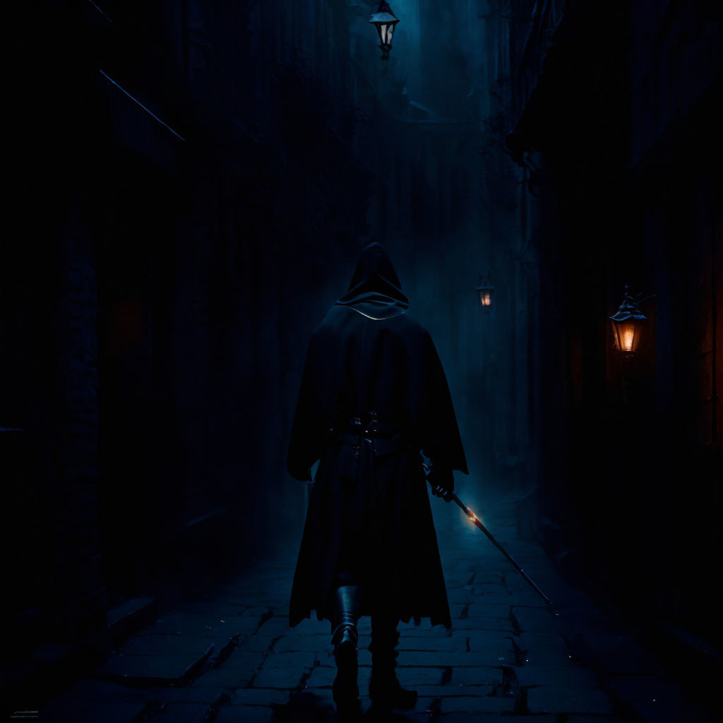 Mysterious cloaked figure in foggy alley at night