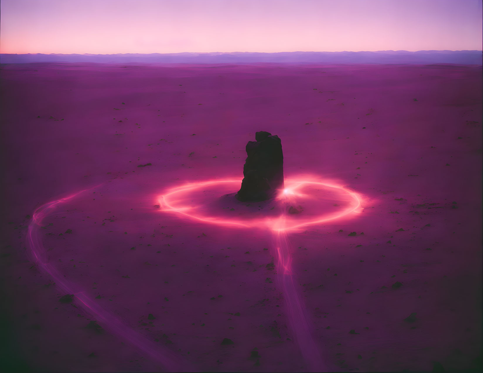 Surreal desert landscape with twilight sky and glowing monolith in pink neon light