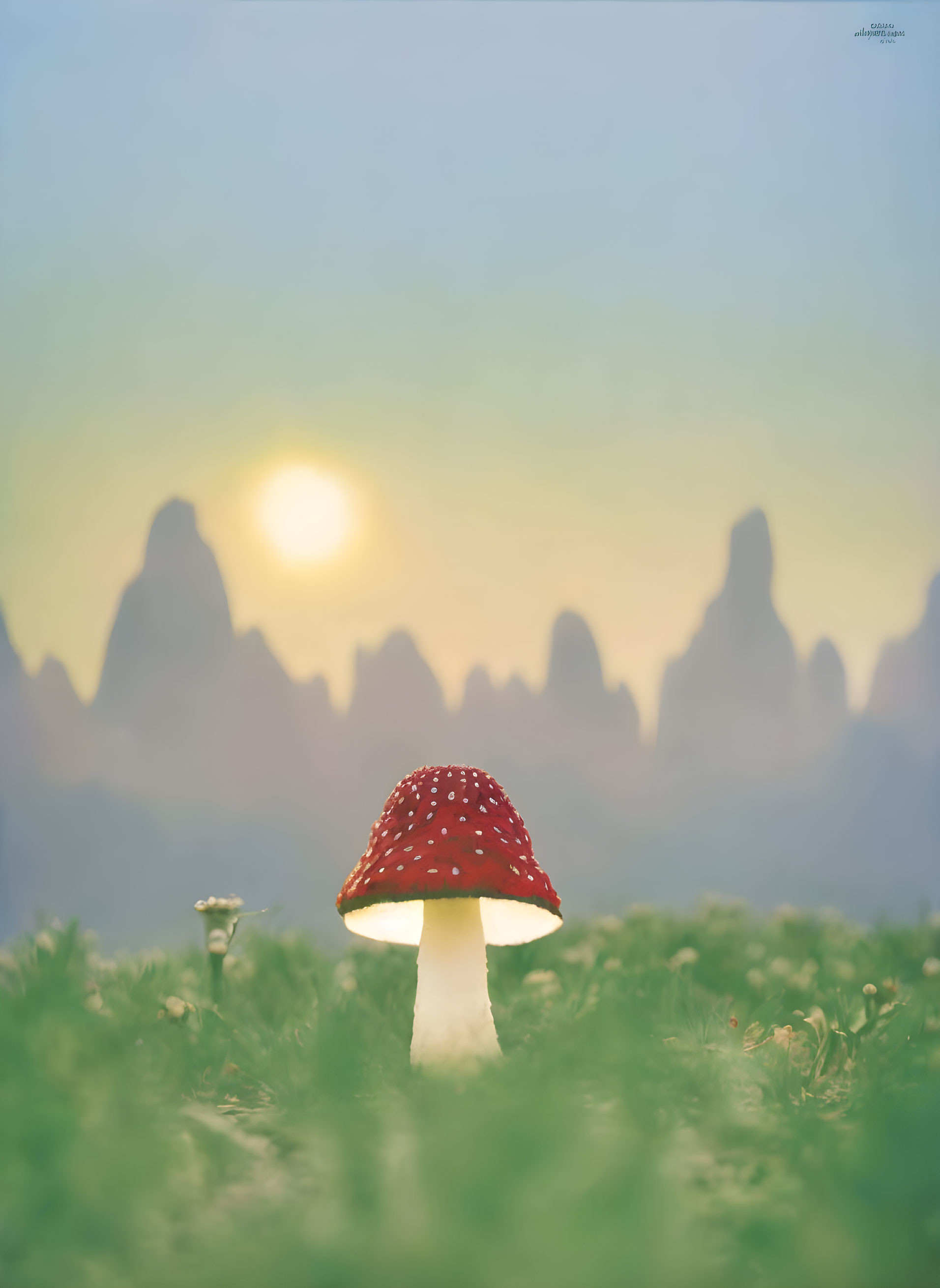 Red-Capped Mushroom in Green Grass with Sunrise and Mountains