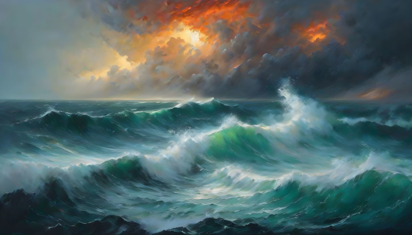 Stormy Sea Painting: Turbulent Waves & Fiery Sky