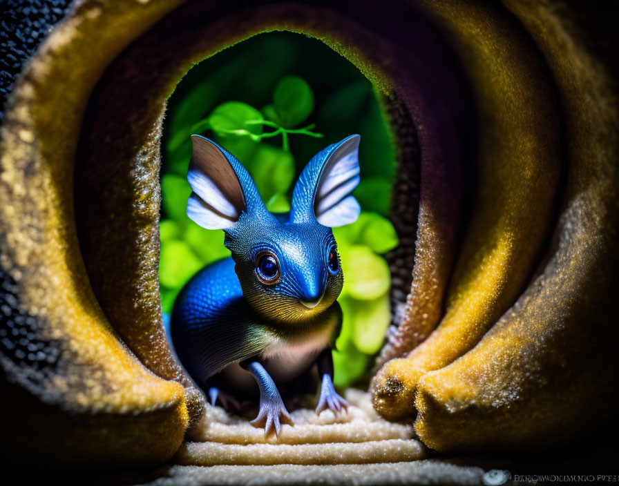 Blue anthropomorphic creature in soft coiled structure among green foliage