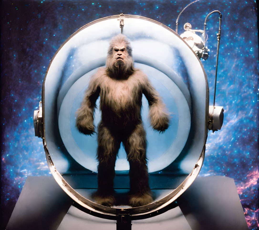 Person in Gorilla Suit in Futuristic Chamber with Blue Lighting