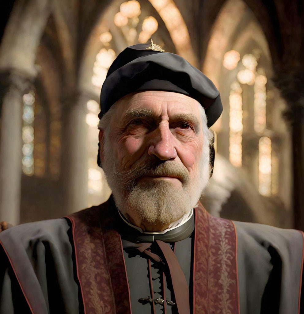 Elderly man in regal attire with white beard in cathedral setting