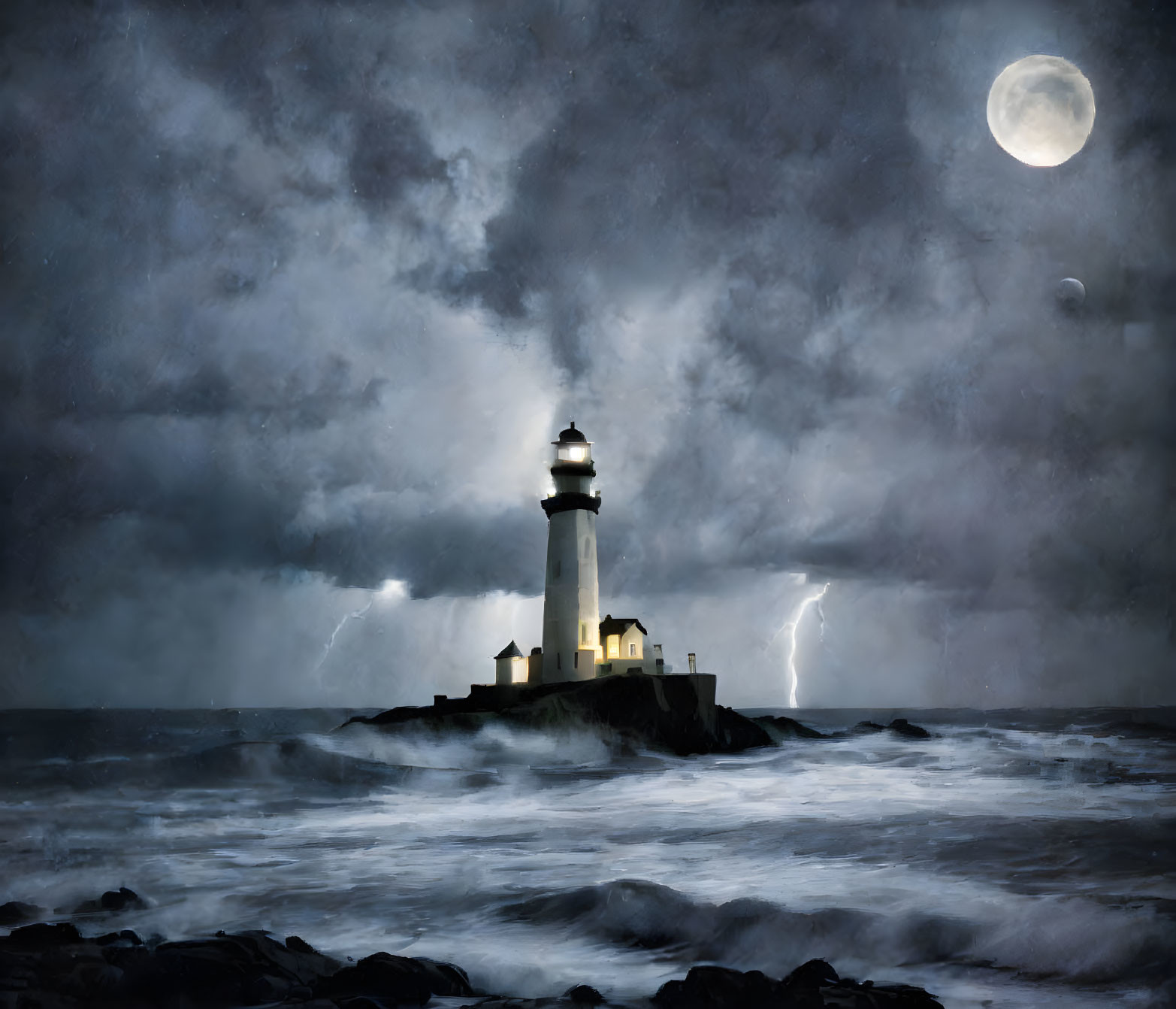 Lighthouse on rocky islet in stormy night with crashing waves, lightning, and full moon.