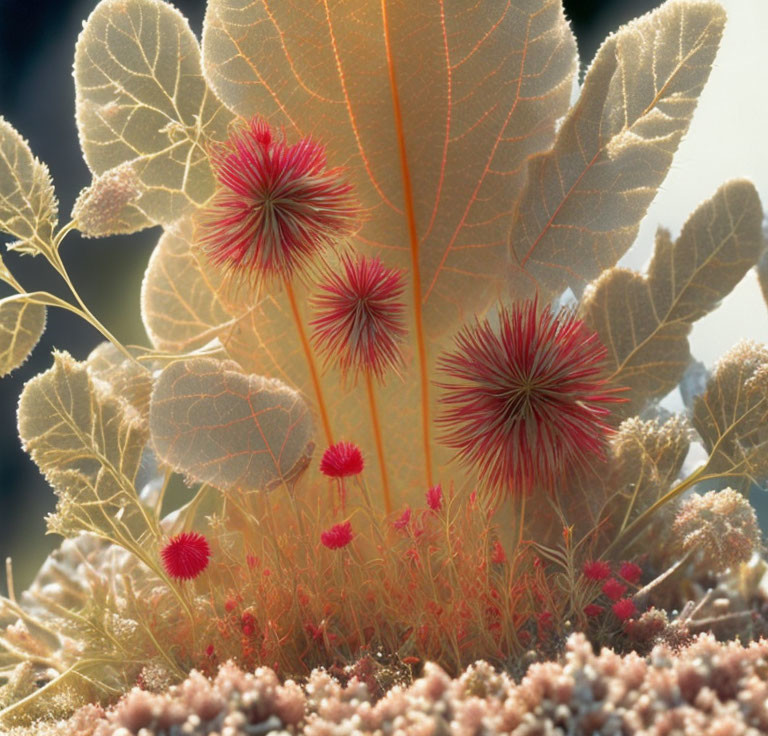 Detailed red burr-like flowers and backlit pale leaf in serene setting