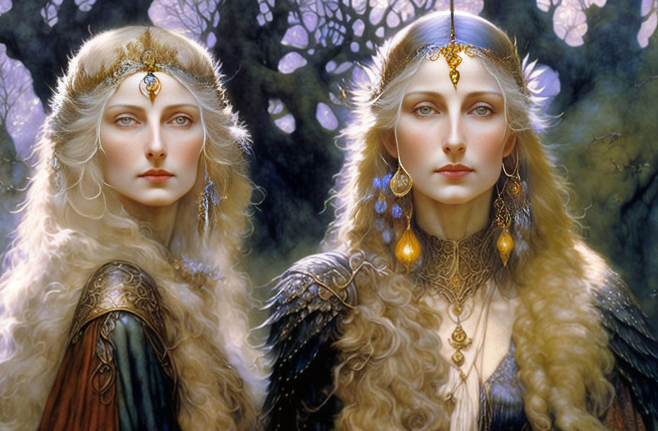 Ethereal women in ornate headdresses and medieval attire in mystical forest.