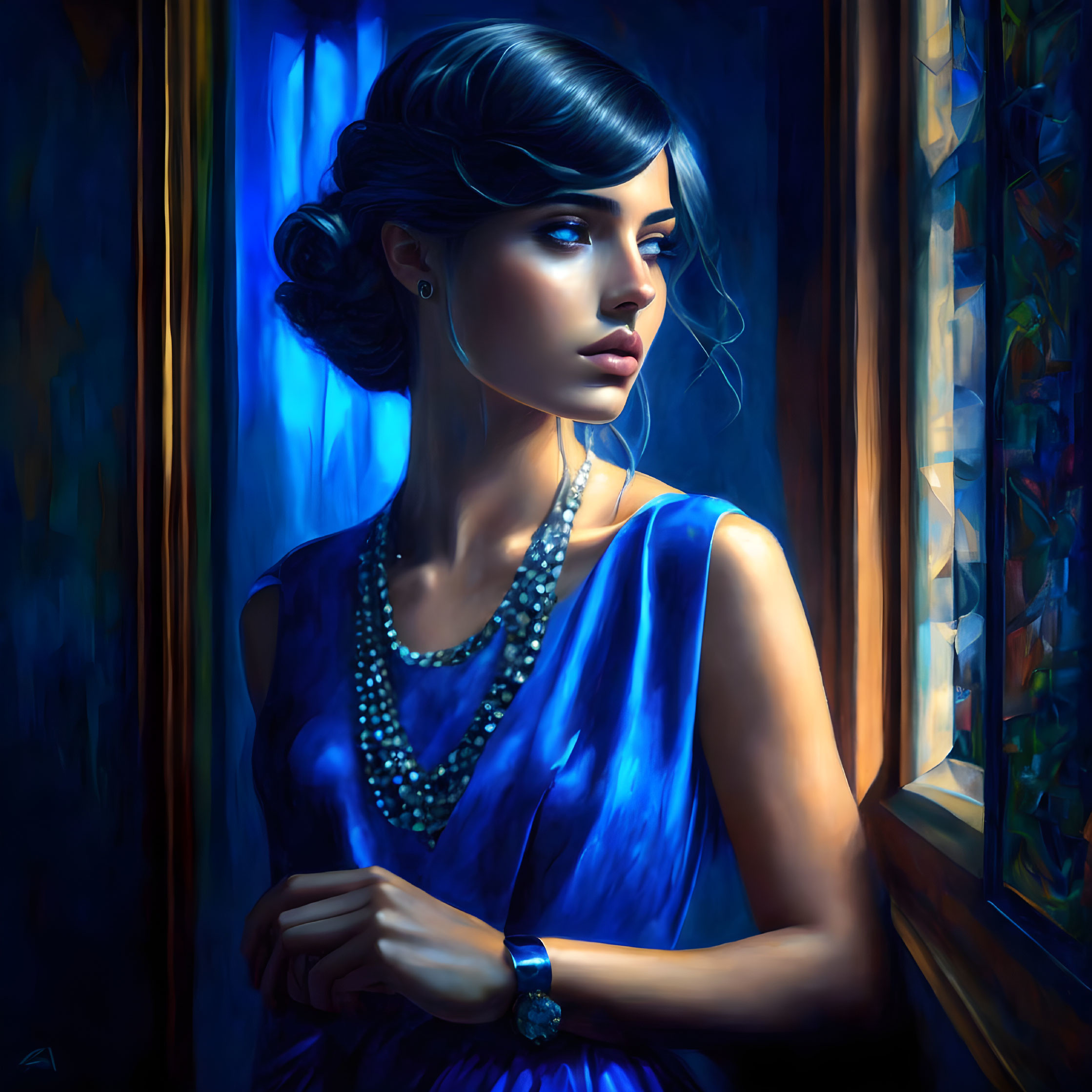 Elegant woman in blue dress with pearls by window in soft lighting