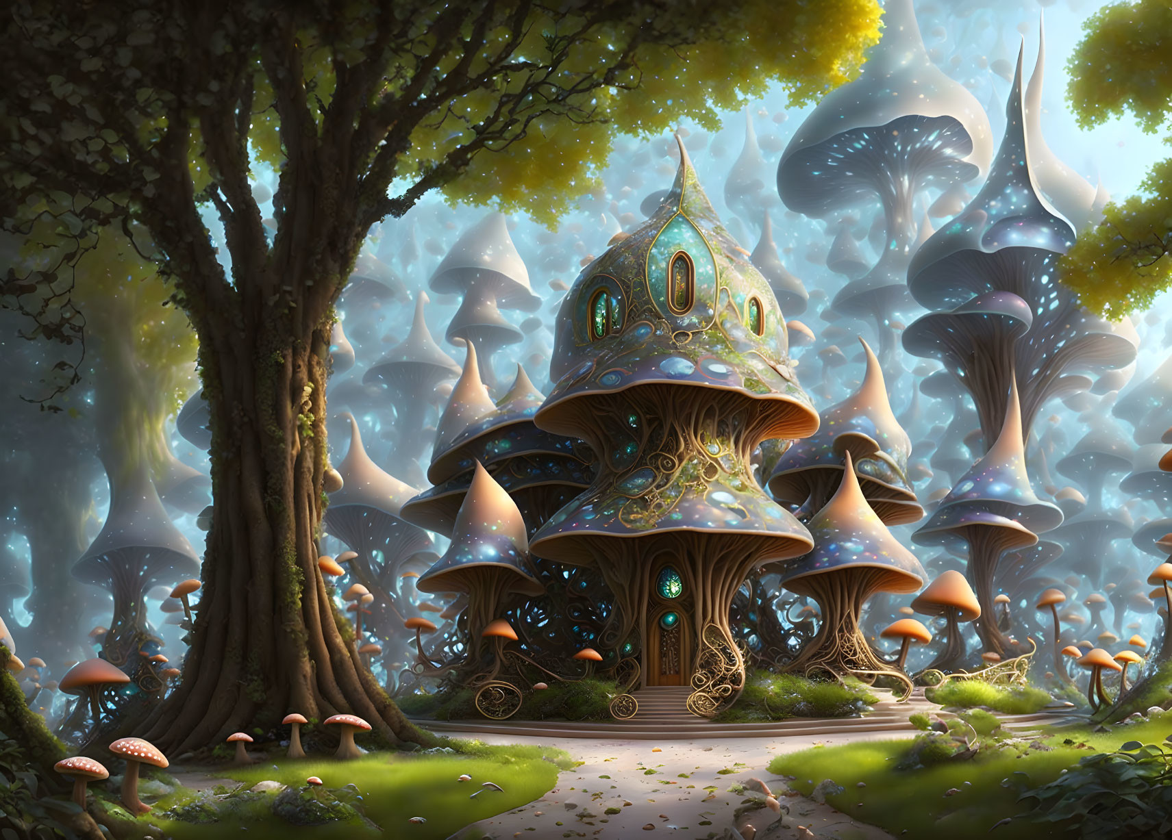 Enchanting forest scene with mushroom house and towering trees