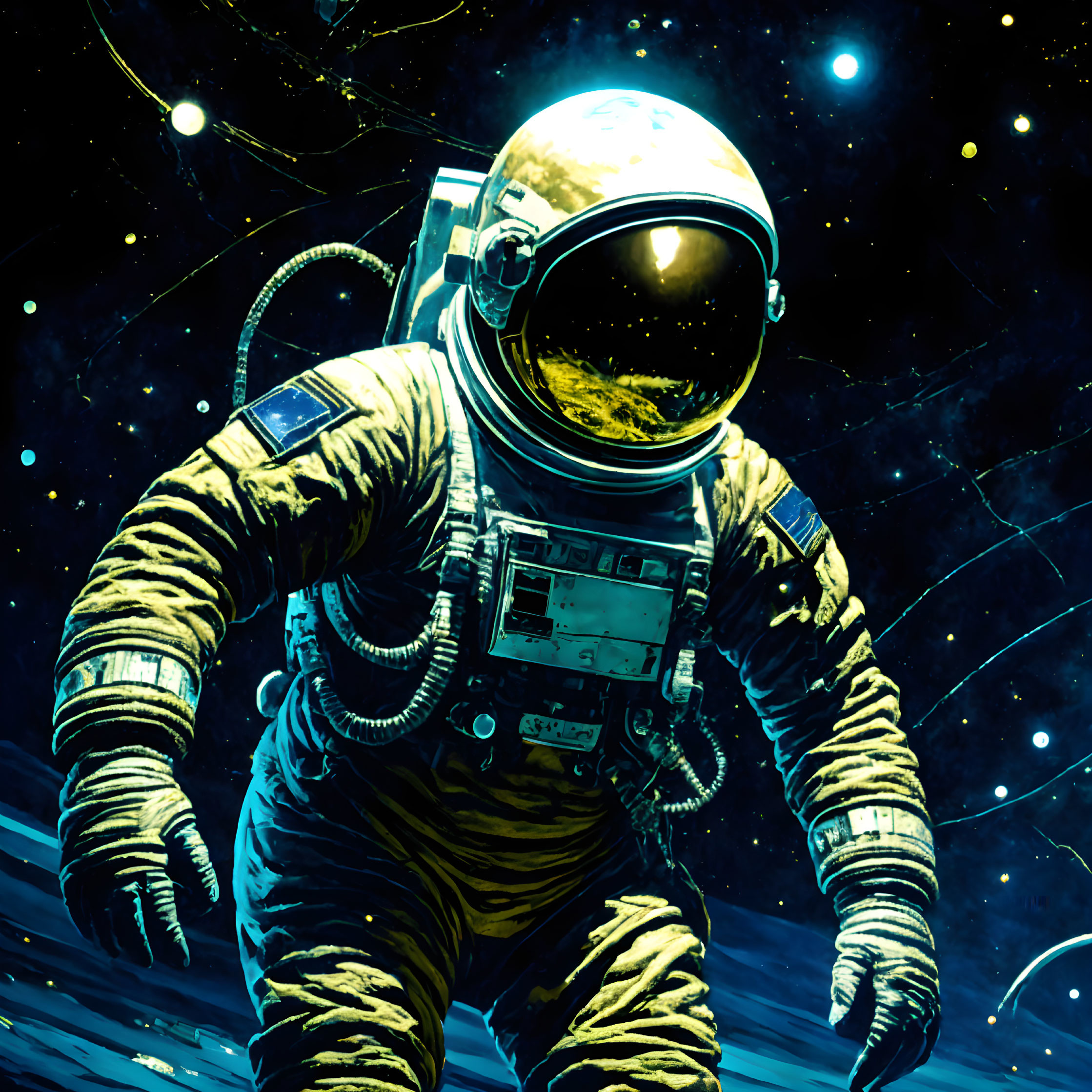 Astronaut in gold visor suit among stars